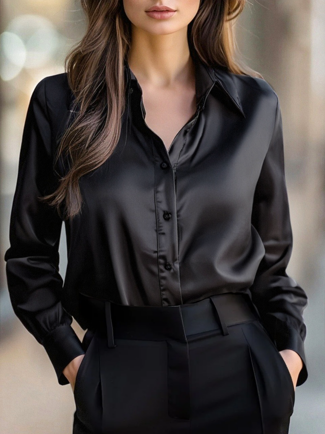 Women’s Satin Shirt with Lapel Collar and Long Sleeves