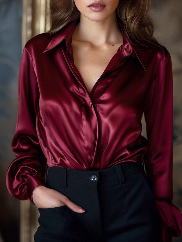 Women’s Satin Shirt with Lapel Collar and Long Sleeves