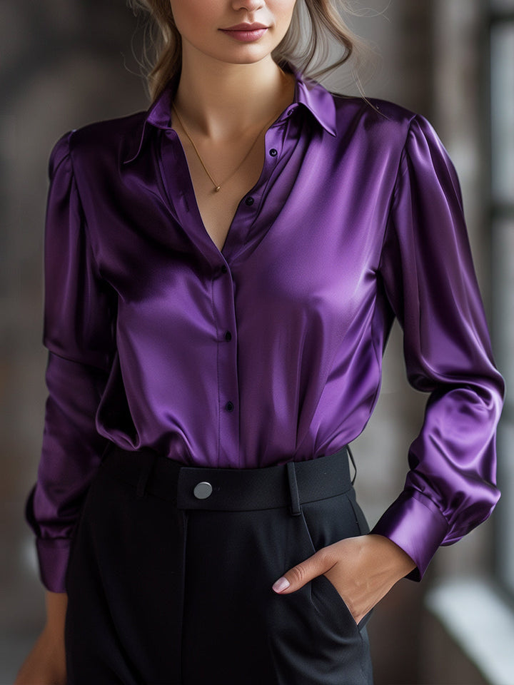Women’s Satin Shirt with Lapel Collar and Long Sleeves