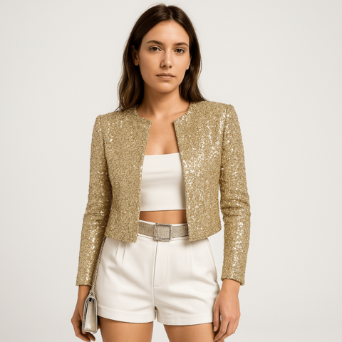 Women’s Sequin Evening Jacket with Open Cut and Silver Finish