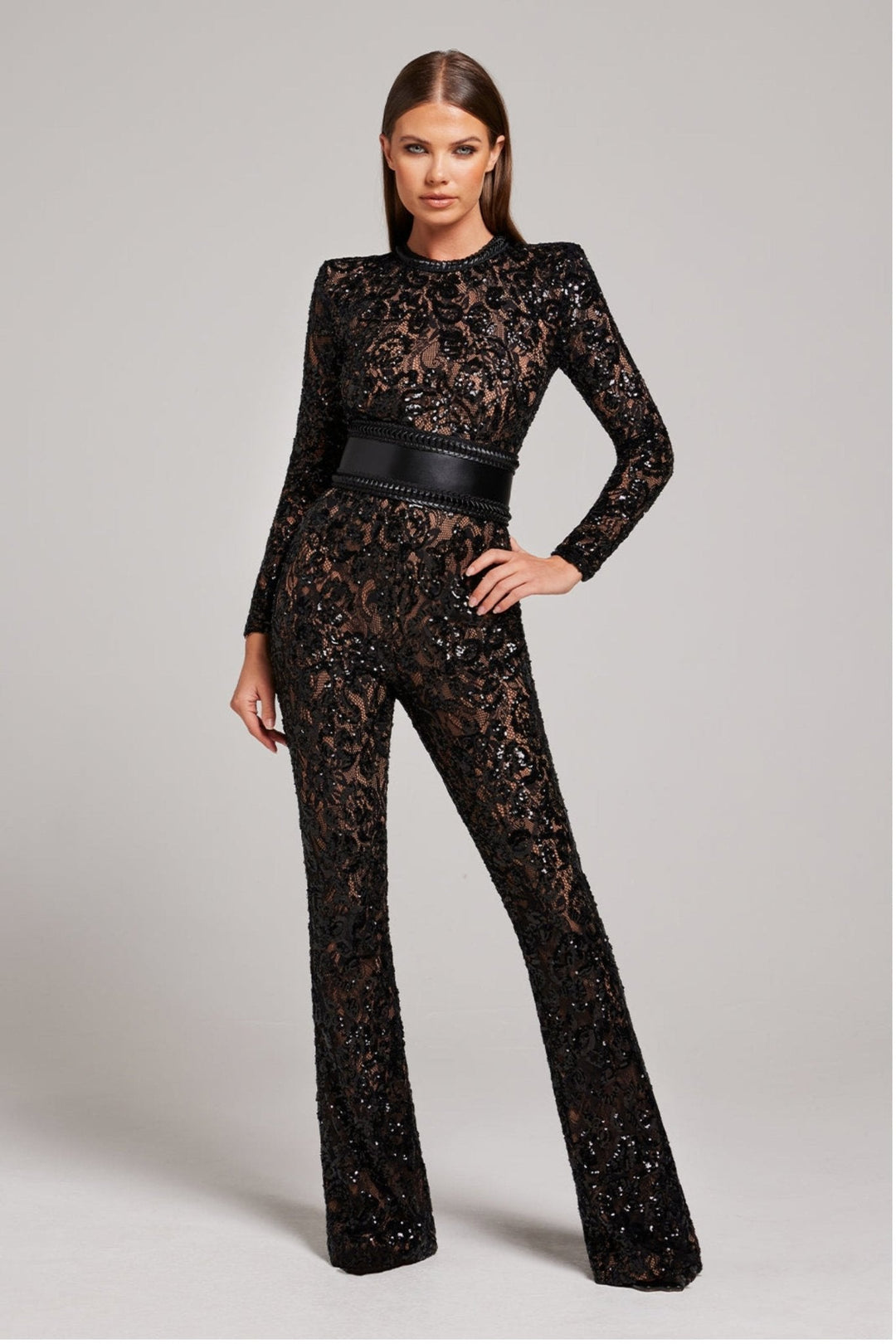 Women’s Sequin Lace Long Sleeve Jumpsuit with Sheer Detailing and Fitted Waist