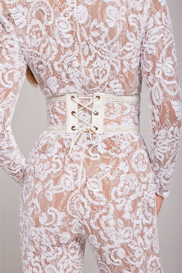 Women’s Sequin Lace Long Sleeve Jumpsuit with Sheer Detailing and Fitted Waist