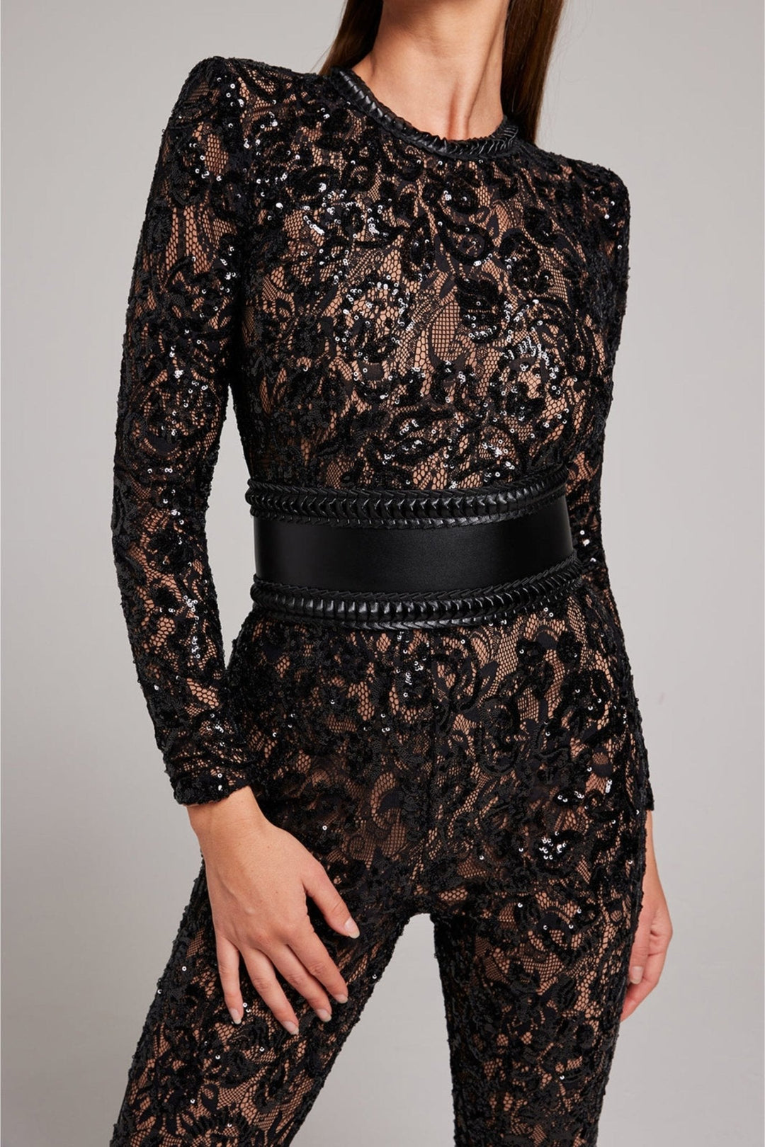 Women’s Sequin Lace Long Sleeve Jumpsuit with Sheer Detailing and Fitted Waist