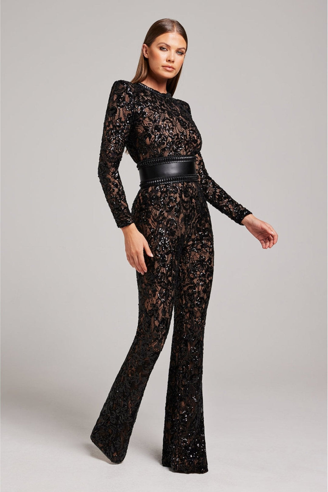 Women’s Sequin Lace Long Sleeve Jumpsuit with Sheer Detailing and Fitted Waist