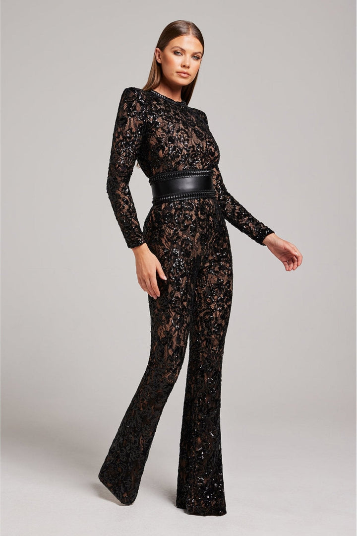 Women’s Sequin Lace Long Sleeve Jumpsuit with Sheer Detailing and Fitted Waist