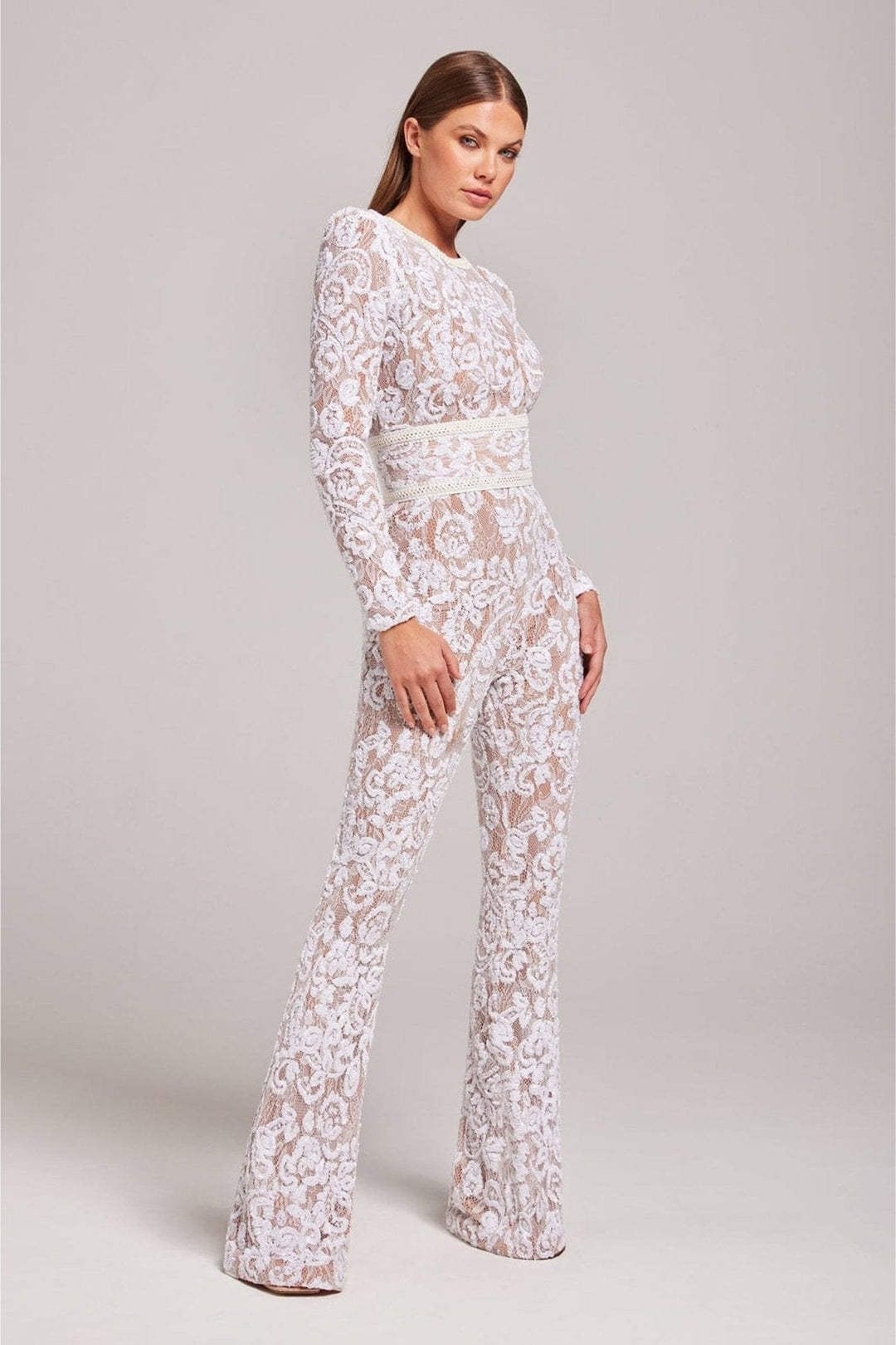 Women’s Sequin Lace Long Sleeve Jumpsuit with Sheer Detailing and Fitted Waist