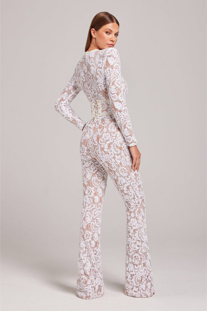 Women’s Sequin Lace Long Sleeve Jumpsuit with Sheer Detailing and Fitted Waist