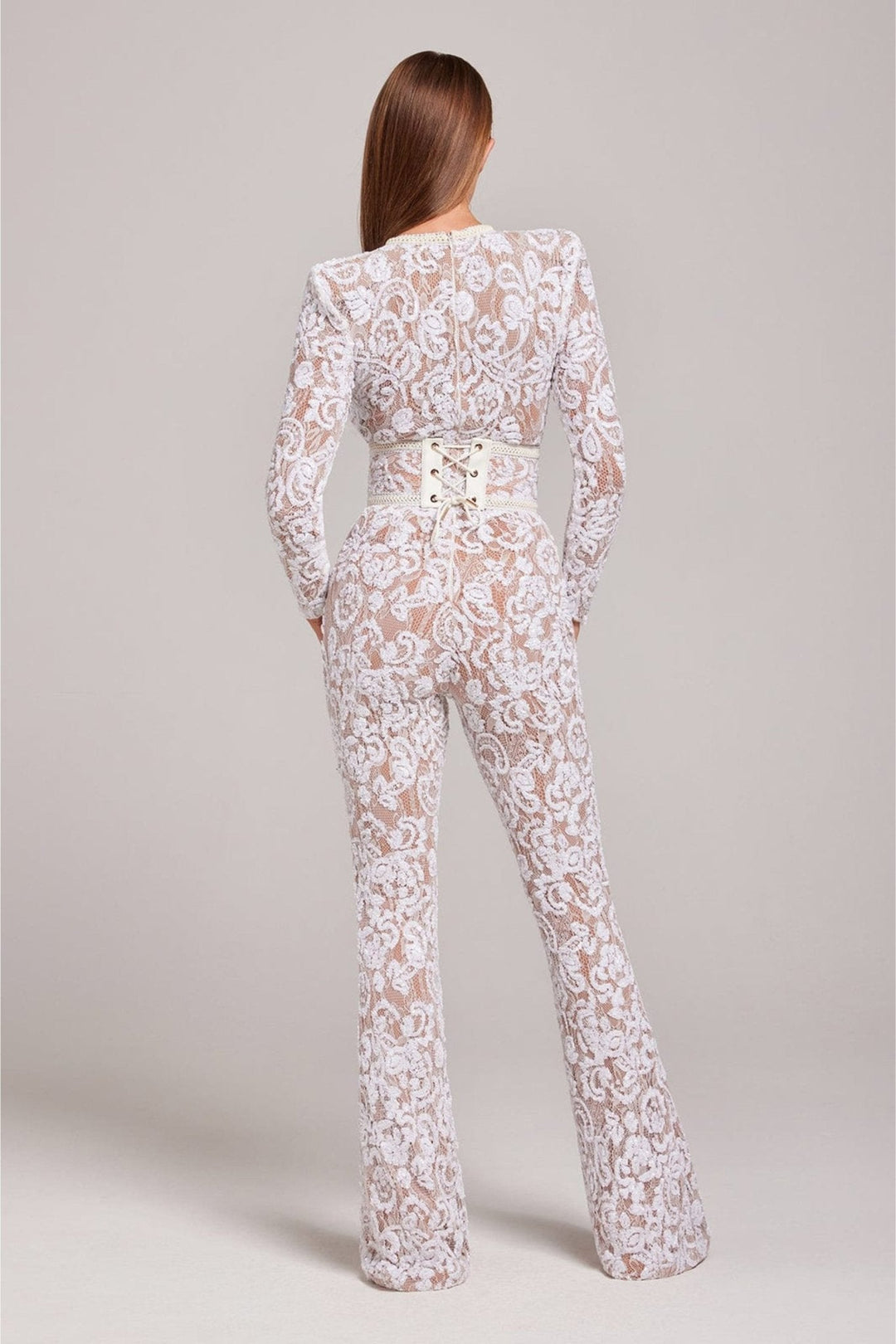 Women’s Sequin Lace Long Sleeve Jumpsuit with Sheer Detailing and Fitted Waist