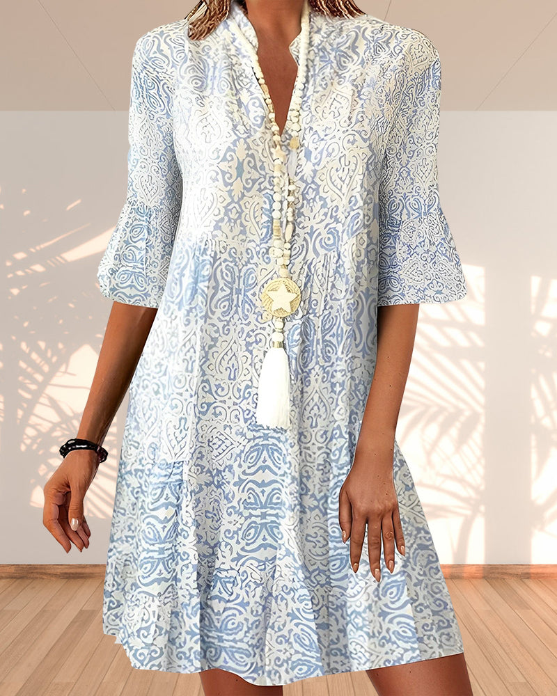 Women’s Short-Sleeved Mini Dress with Boho Print and Split Collar