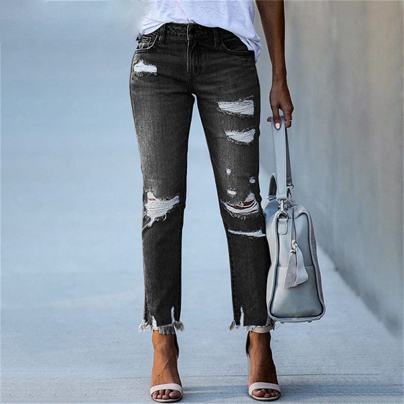 Womens Skinny Pants with Ripped Distressed Details and High Waist