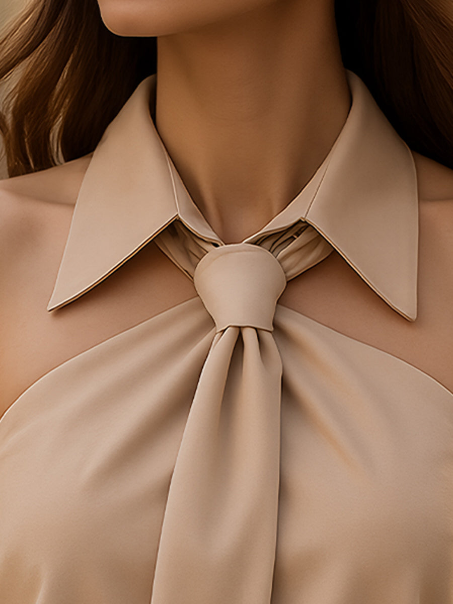 Women's Sleeveless Halter Top with Neck Tie Detail and Structured Collar