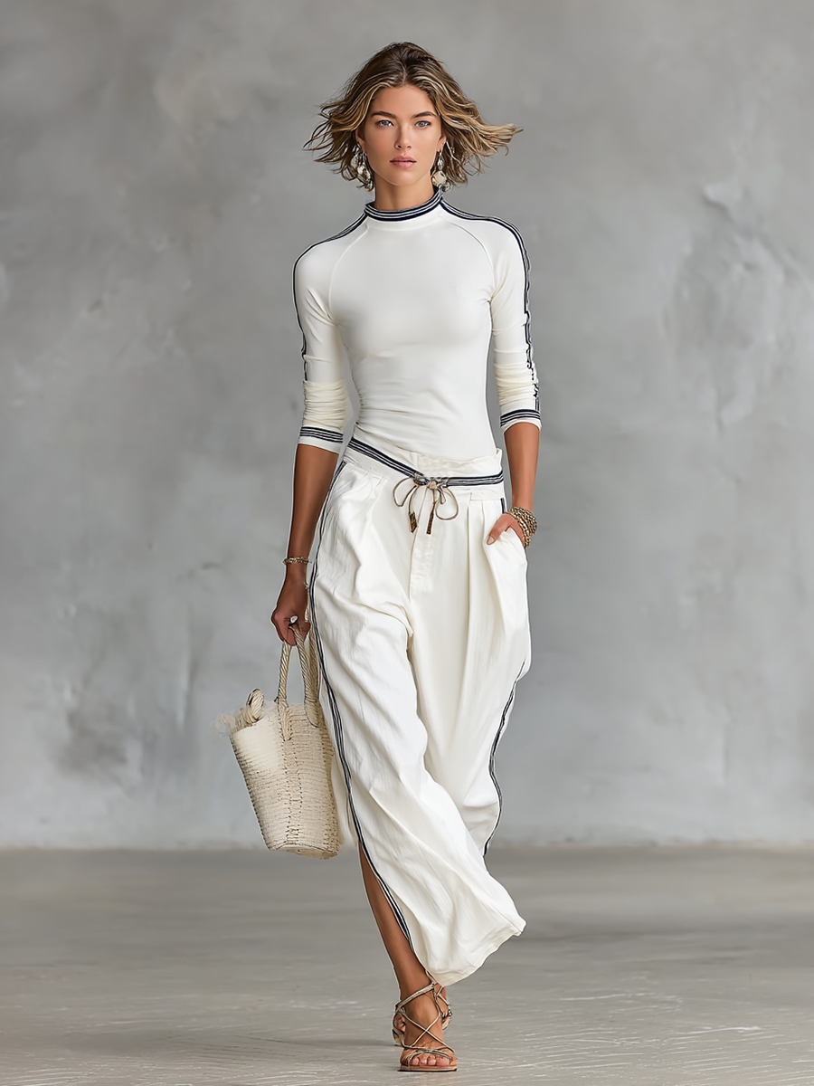 Womens Sports Two-Piece Set with Half-High Neck T-Shirt and Wide-Leg Pants