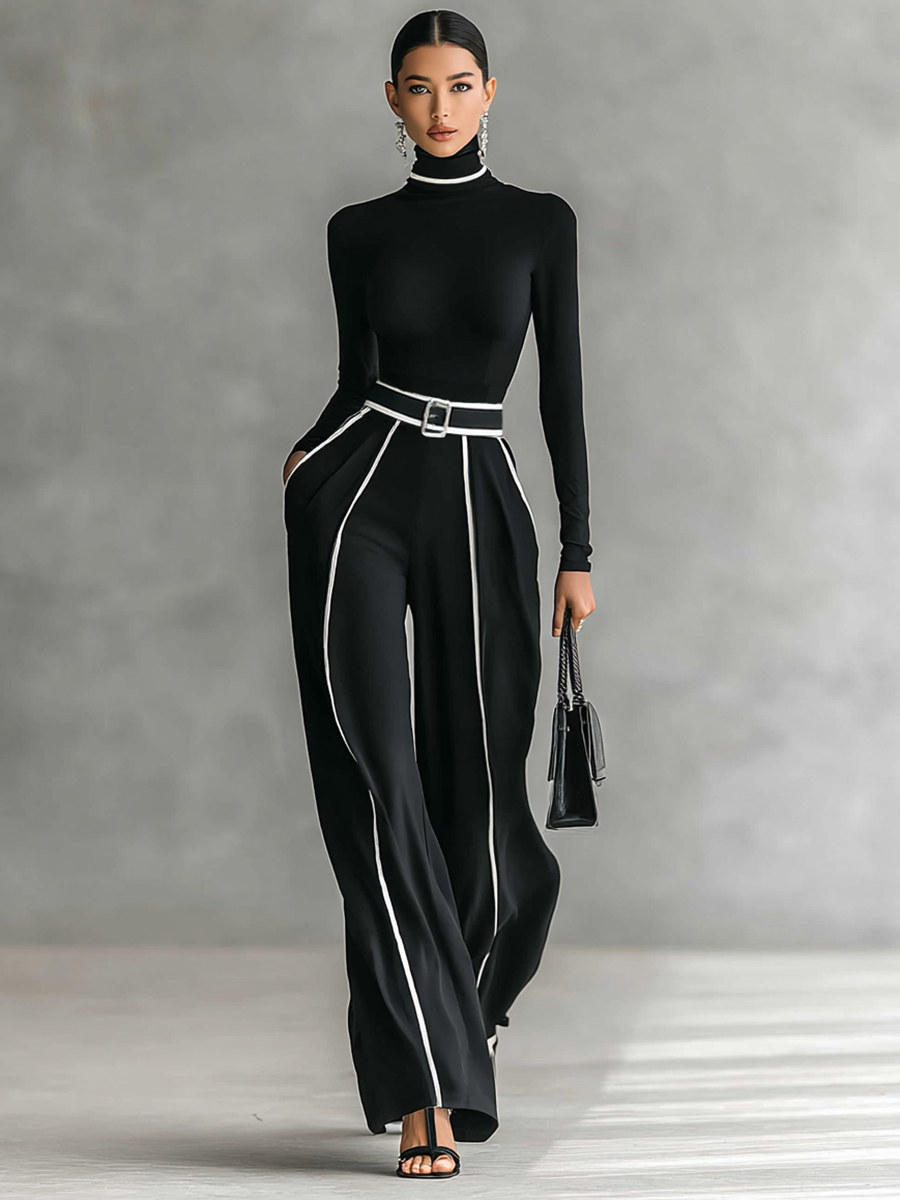 Womens Turtleneck Long Sleeve Top with Wide Leg Pants Set