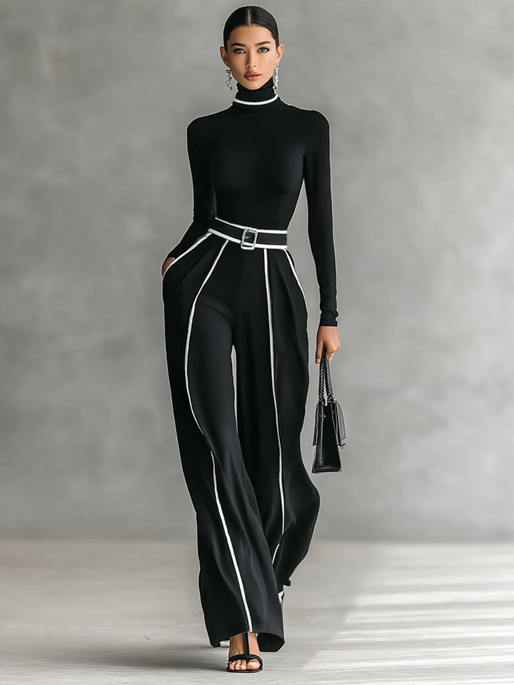 Womens Turtleneck Long Sleeve Top with Wide Leg Pants Set