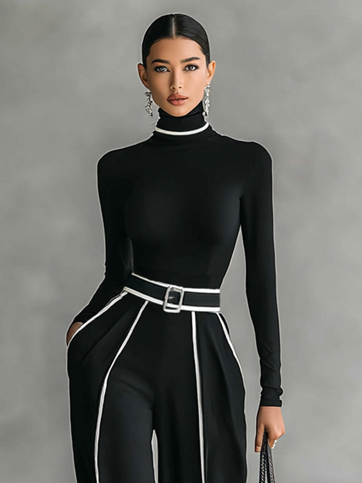 Womens Turtleneck Long Sleeve Top with Wide Leg Pants Set