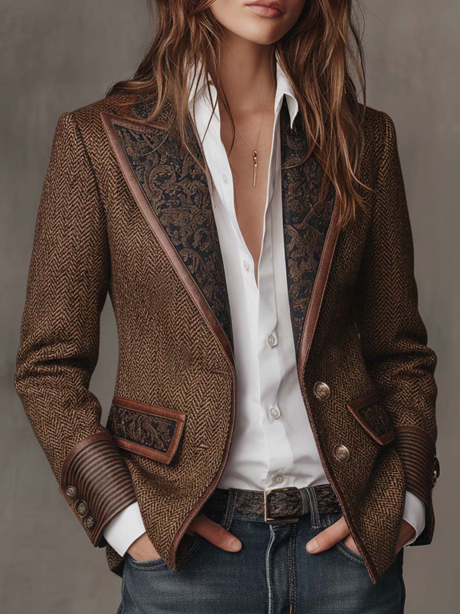 Women’s Tweed Blazer with Printed Panels and Trim