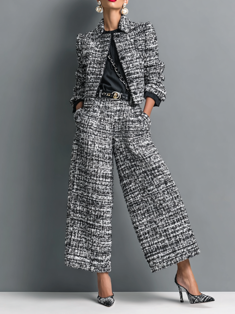 Women’s Tweed Blend Single-Breasted Cropped Jacket and Wide-Leg Pants Set