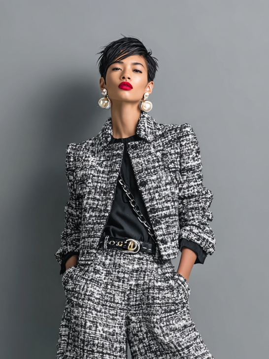 Women’s Tweed Blend Single-Breasted Cropped Jacket and Wide-Leg Pants Set