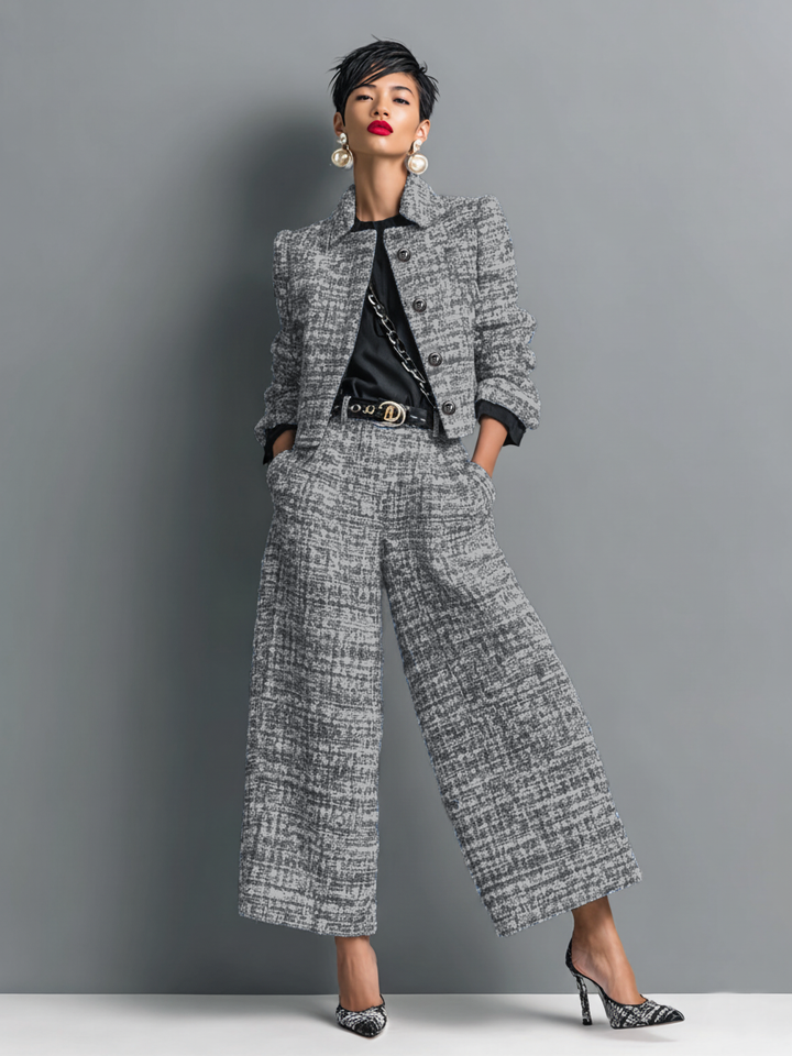 Women’s Tweed Blend Single-Breasted Cropped Jacket and Wide-Leg Pants Set