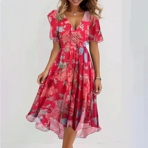 Women’s V-Neck Midi Summer Dress with Short Sleeves