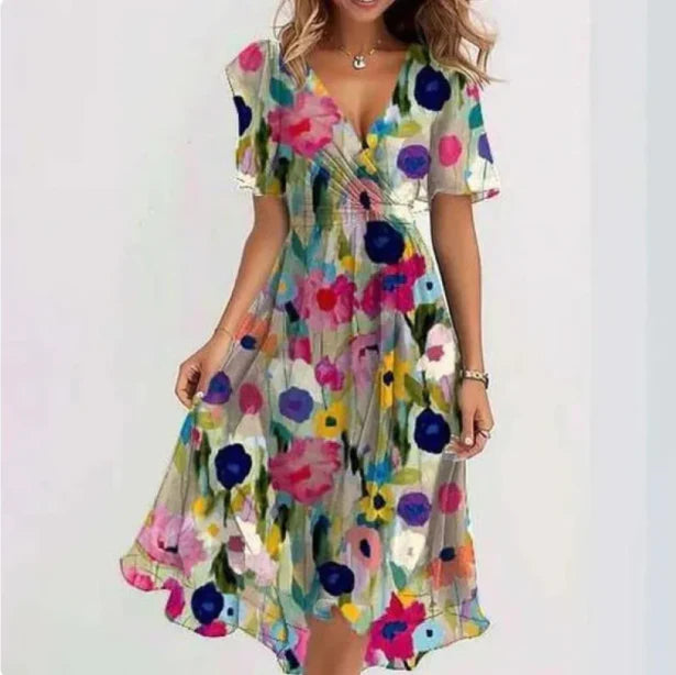 Women’s V-Neck Midi Summer Dress with Short Sleeves