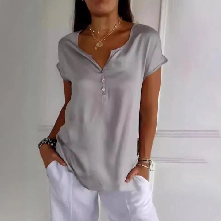 Women’s V-Neck Top with Three-Quarter Sleeves and Decorative Buttons