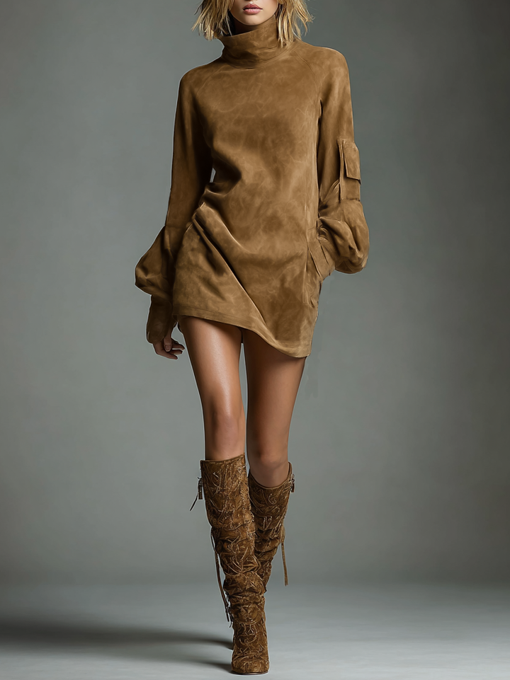 Womens Vintage Turtleneck Mini Dress with Relaxed Fit