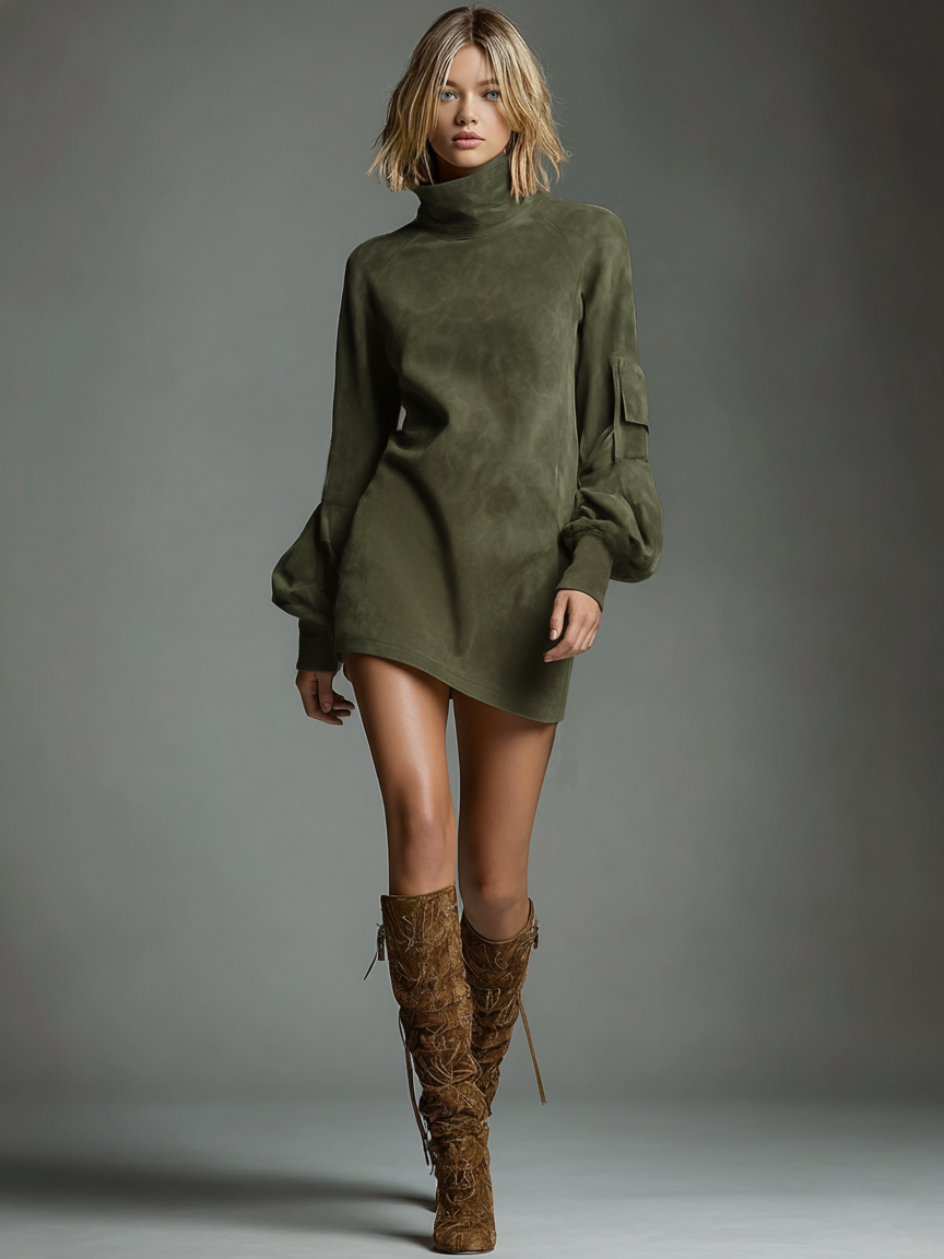 Womens Vintage Turtleneck Mini Dress with Relaxed Fit