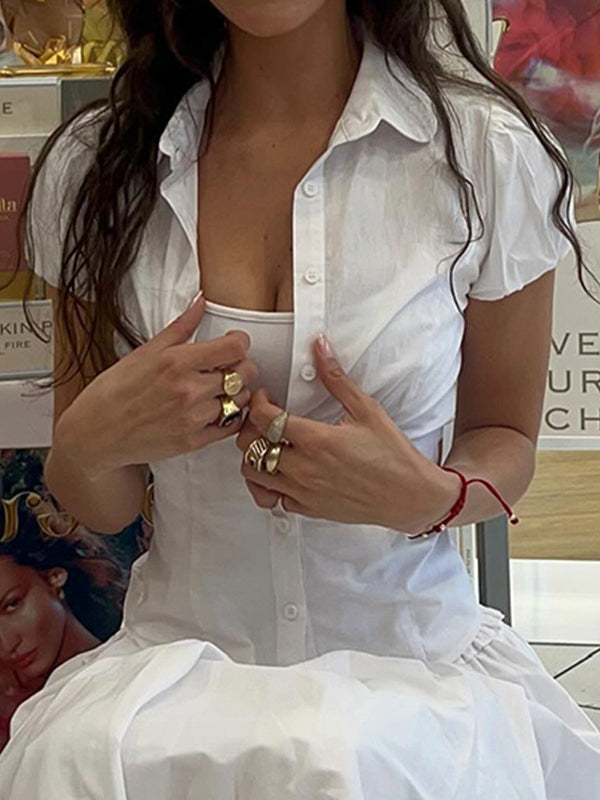 Women's Vintage V-Neck Short Sleeve Shirt with Shirt Collar and Slim Fit