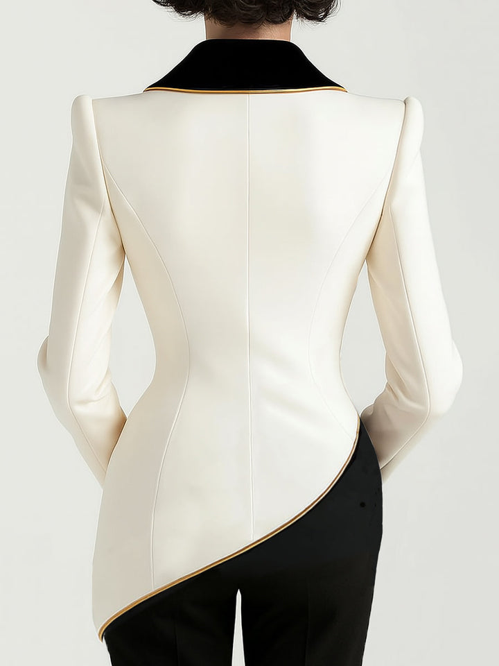 Women’s White Blazer with Black Contrast Lapels and Gold Button
