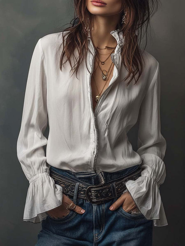 Women’s Zip-Front Blouse with Flounce Cuffs and Stand Collar