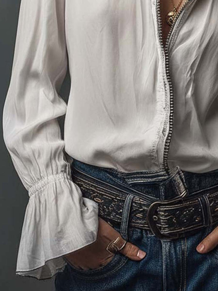 Women’s Zip-Front Blouse with Flounce Cuffs and Stand Collar