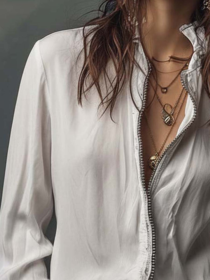 Women’s Zip-Front Blouse with Flounce Cuffs and Stand Collar
