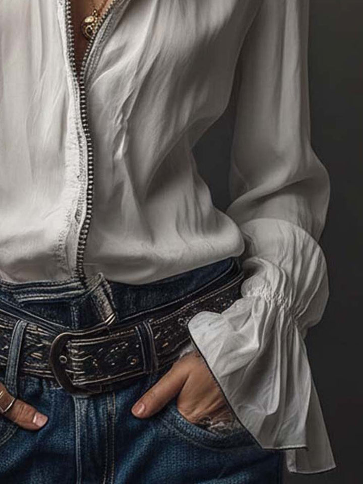 Women’s Zip-Front Blouse with Flounce Cuffs and Stand Collar