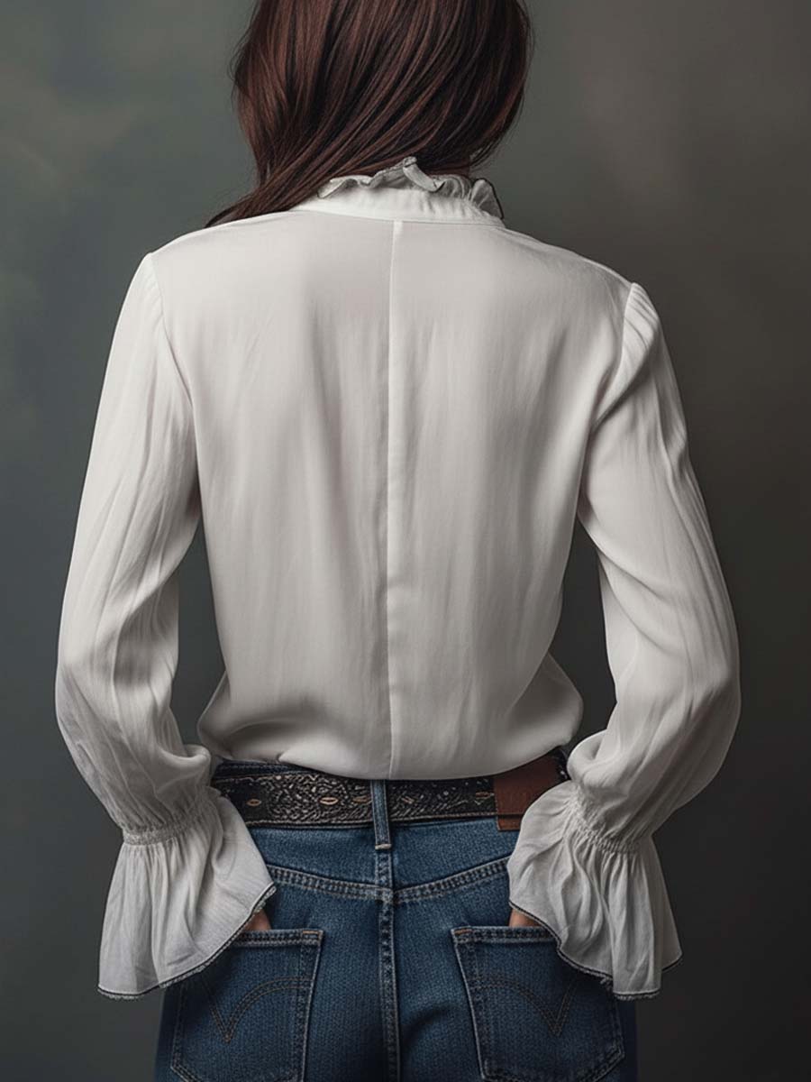 Women’s Zip-Front Blouse with Flounce Cuffs and Stand Collar