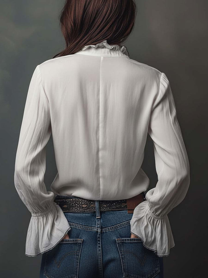 Women’s Zip-Front Blouse with Flounce Cuffs and Stand Collar