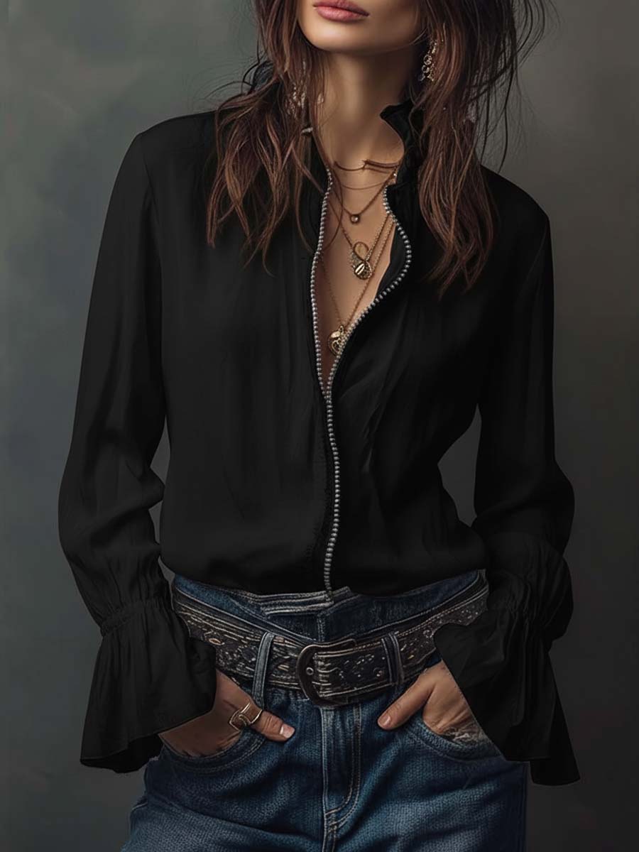 Women’s Zip-Front Blouse with Flounce Cuffs and Stand Collar
