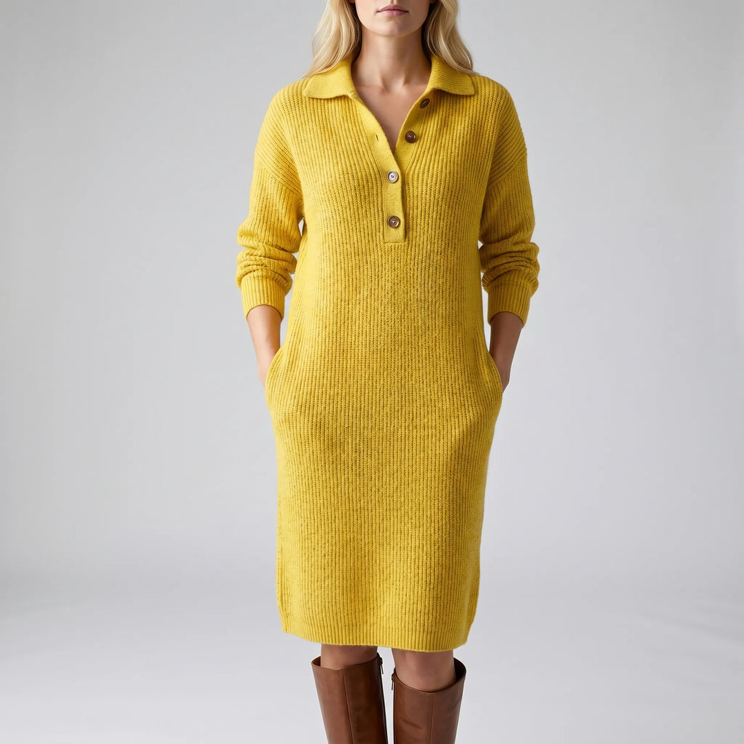 Wovelle - Long-Sleeve Collared Knit Dress