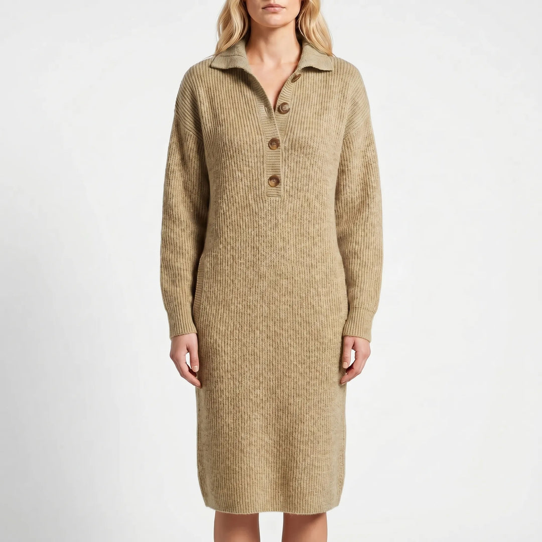 Wovelle - Long-Sleeve Collared Knit Dress