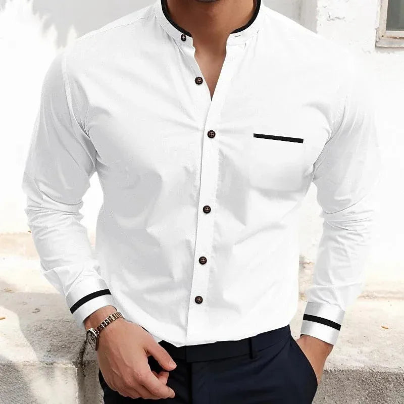 Men’s Long Sleeve Shirt with Grandad Collar and Chest Pocket