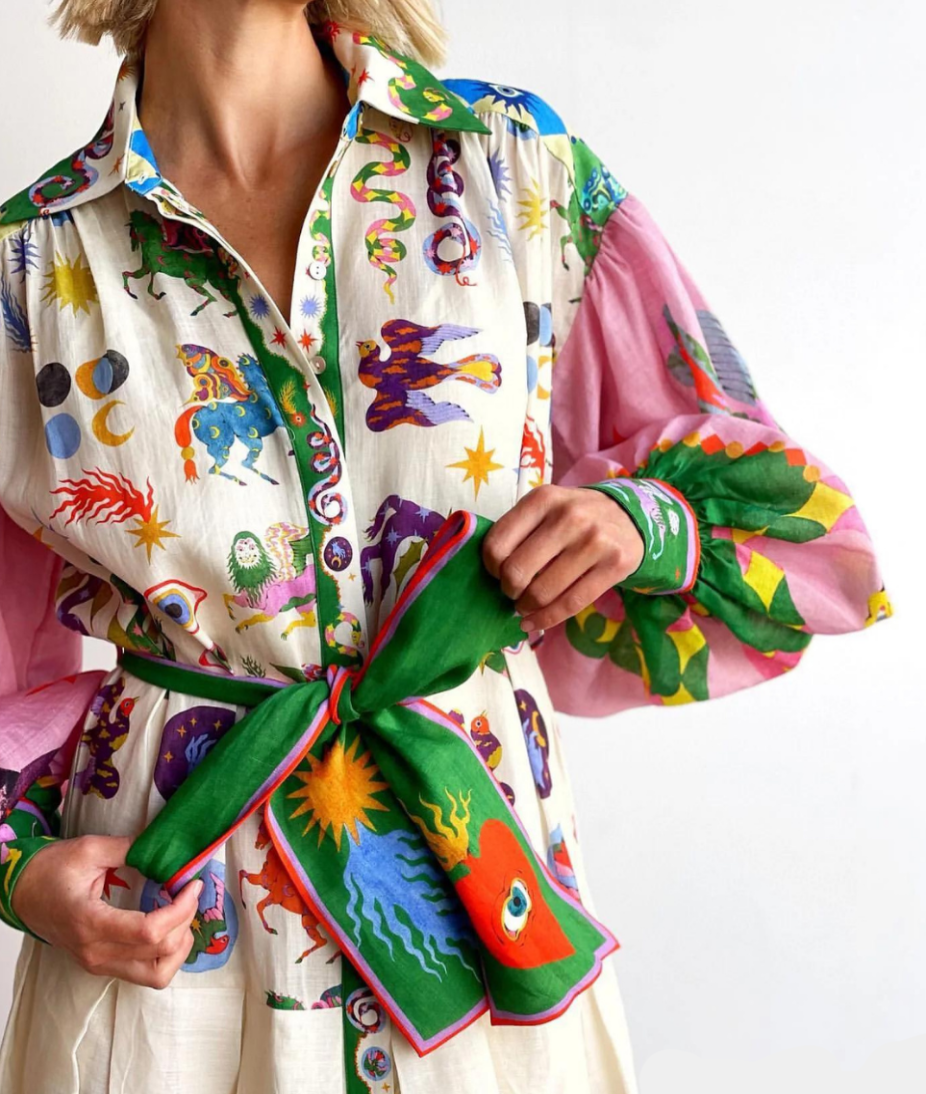 Printed Shirtdress Maxi Dress for Women - Long Sleeve Bishop Sleeve