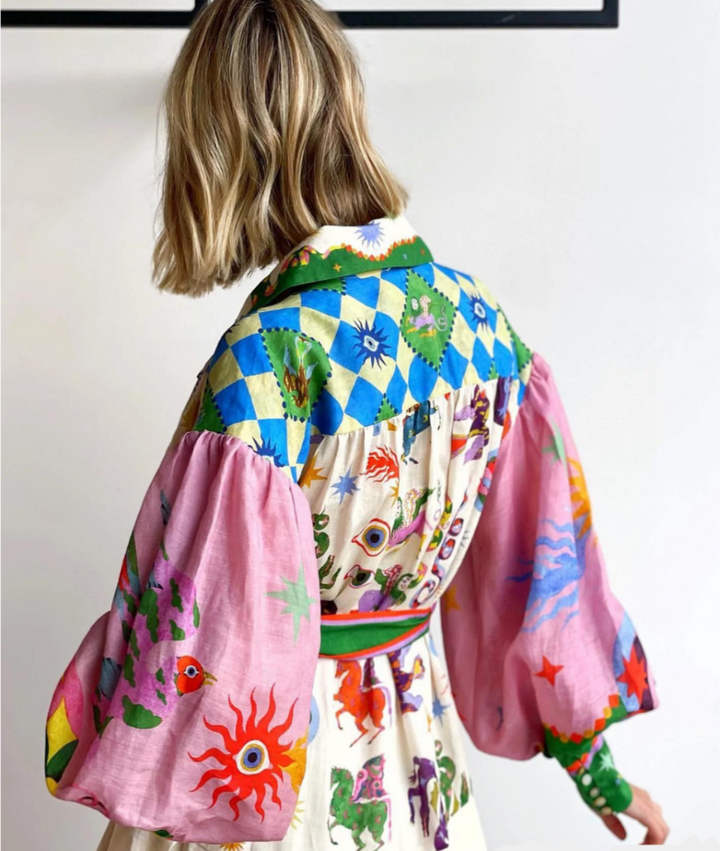 Printed Shirtdress Maxi Dress for Women - Long Sleeve Bishop Sleeve