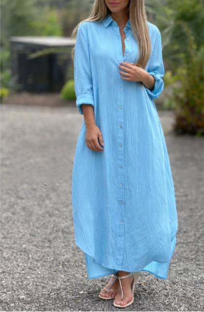 Button-Down Maxi Shirt Dress for Women - Long Sleeve Collared