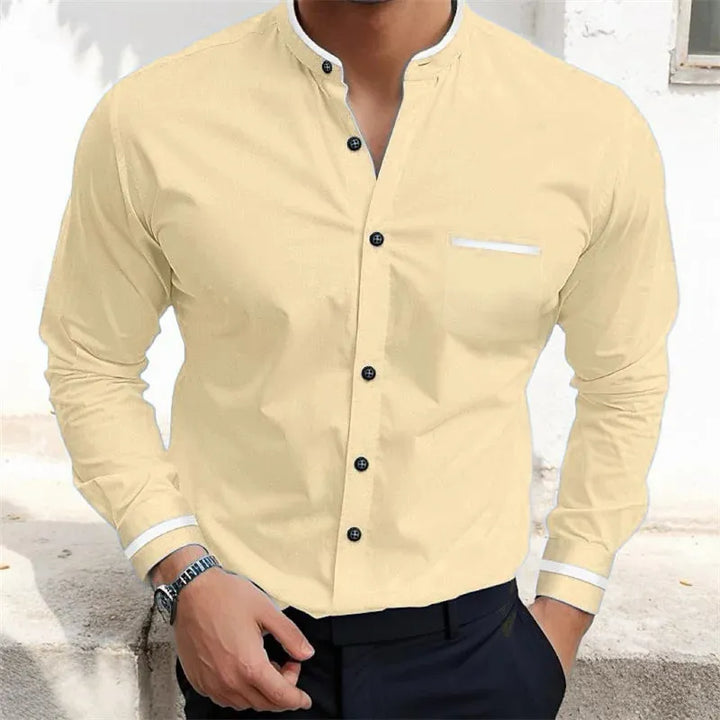 Men’s Long Sleeve Shirt with Grandad Collar and Chest Pocket