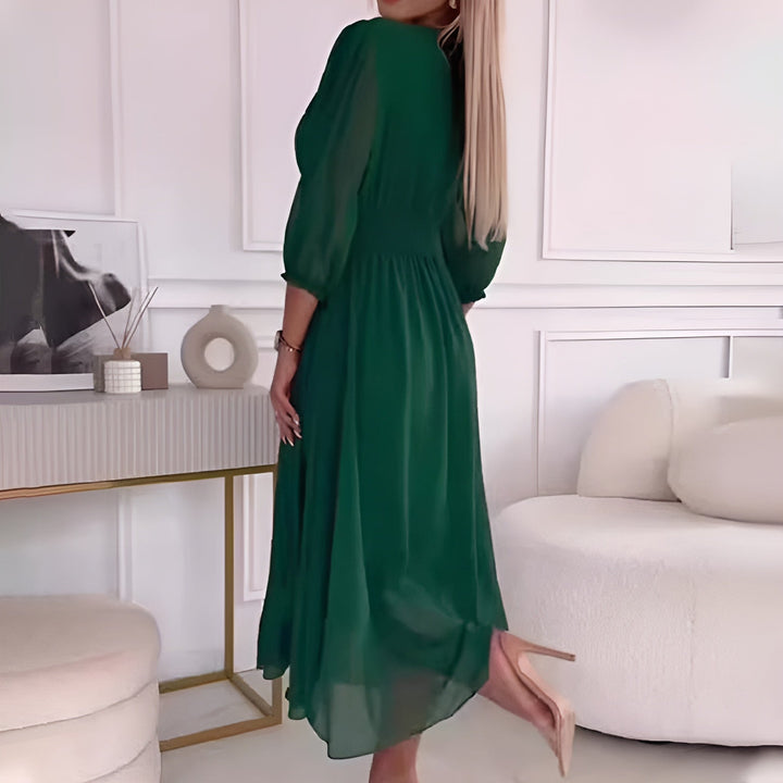 A-Line Wrap Midi Dress for Women - 3/4 Sleeve V-Neck