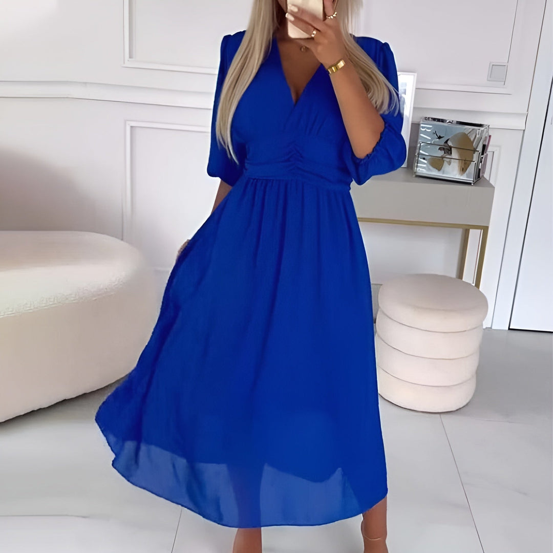 A-Line Wrap Midi Dress for Women - 3/4 Sleeve V-Neck
