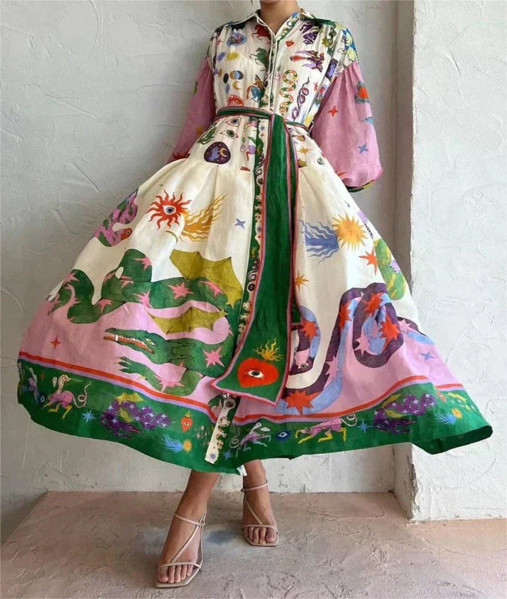 Printed Shirtdress Maxi Dress for Women - Long Sleeve Bishop Sleeve