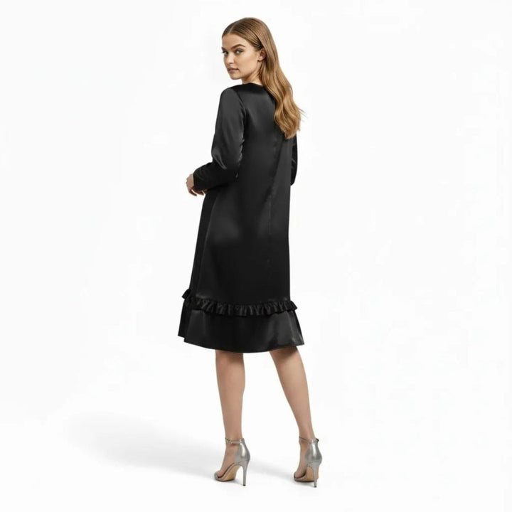 Women’s Satin Dress with Long Sleeves and Ruffle Hem