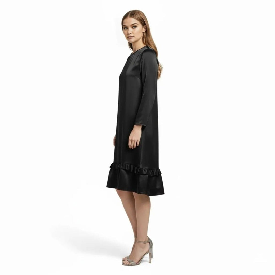 Women’s Satin Dress with Long Sleeves and Ruffle Hem