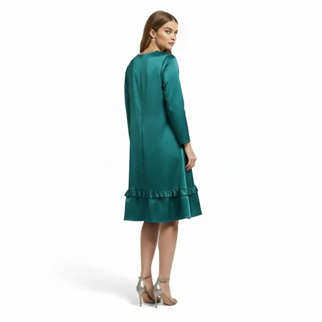 Women’s Satin Dress with Long Sleeves and Ruffle Hem